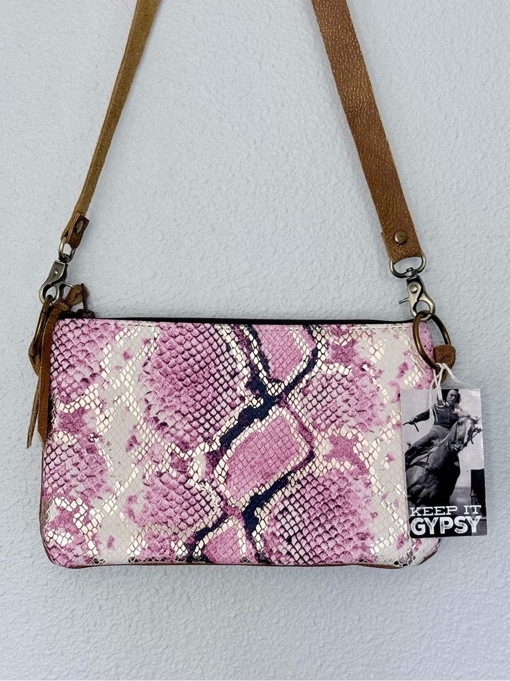 Keep it Gypsy Pink “Olive Pink Snake Print” Leather Cross Body Upcycled Custom